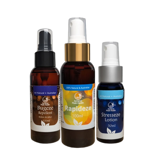 Rapideze 100ml comfort spray flanked by Bugeze 100ml insect repellent and Stresseze 50ml calming lotion, all natural essential-oil sprays